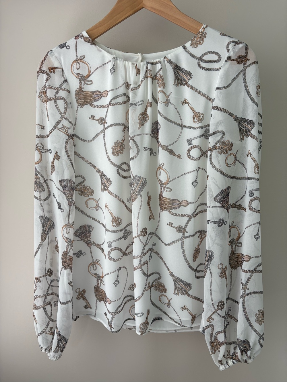 WHBM White Tassel & Rope Print Long Sleeve Blouse - Size XS